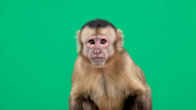 A curious white headed capuchin monkey looking forward on green background
