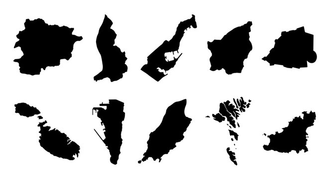 European Microstate Silhouettes Vector Pack: Andorra, Liechtenstein, Monaco, San Marino, Vatican City, Malta, Gibraltar, Isle of Man, Faroe Islands, Guernsey