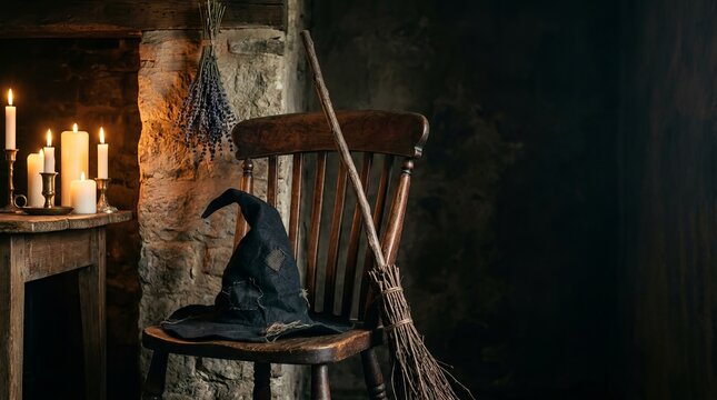 Witch hat resting on wooden chair beside burning candles and broomstick in dark rustic room evokes mystical atmosphere for halloween storytelling and occult fantasy themes.