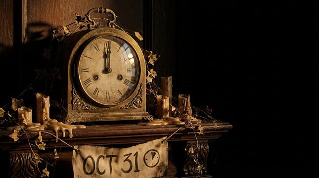 Vintage mantle clock with melting candles on wooden shelf decorated with autumn ivy leaves and banner displaying october 31 as centerpiece for spooky halloween home decor.