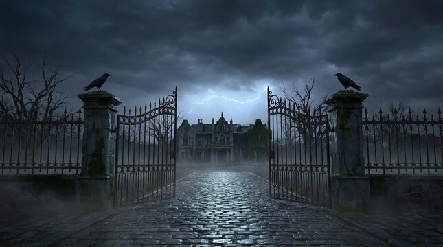Old abandoned mansion with spooky gate at night, creepy halloween backdrop, gothic haunted house with dark clouds and dramatic lightning in the sky.