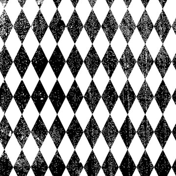 black and white harlequin diamond pattern with grunge texture