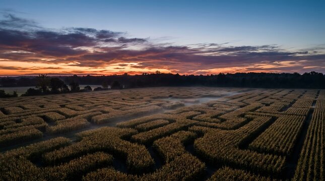 Aerial view of a vast corn maze at sunrise with morning mist gently rising, showcasing intricate paths and patterns against a colorful sky, perfect for autumn or recreational themes.