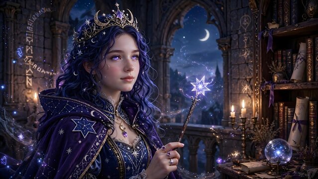 Fantasy sorceress princess holding a glowing star wand in a magical tower library with celestial decorations, crystal ball, and starry night sky view
