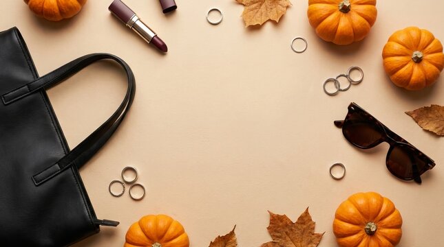 Autumn aesthetic flat lay featuring leather handbag lipstick rings sunglasses and pumpkins with scattered fall leaves on soft beige background for seasonal branding assets.