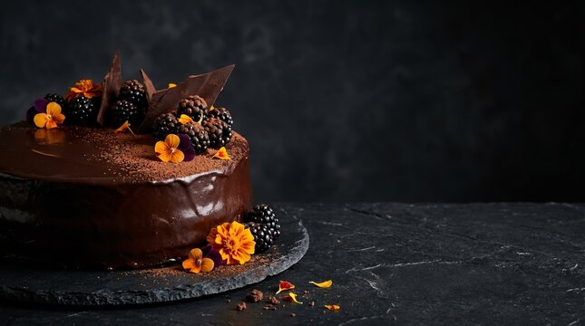 Dark chocolate cake decorated with fresh blackberries, edible flowers, and chocolate shards on a slate serving board with dark background for elegant dessert display.