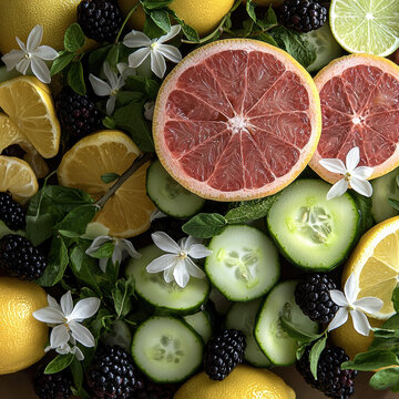 Fresh citrus cucumber blackberry lemon lime and white flower create vibrant refreshing and natural composition with high detail