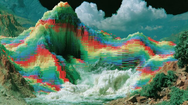 Vibrant Pixel Sorted Mountain River Flowing Landscape
