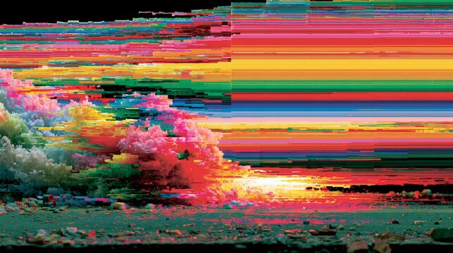 Vibrant Glitched Digital Landscape with Abstract Formations