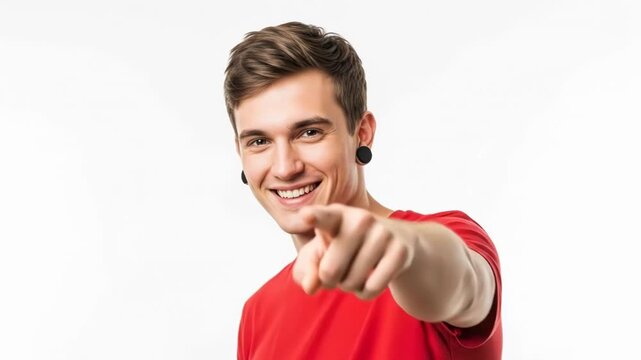 A young man in a red t-shirt smiling while pointing directly at the camera