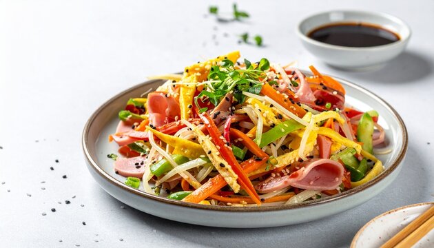 Japanese Hiyashi Chuka Cold Noodle Salad with Colorful Seasonal Toppings