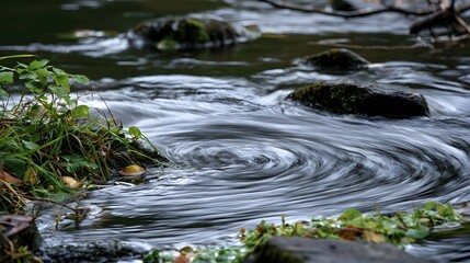 Fototapeta premium A serene river flows around moss covered rocks and lush green vegetation creating swirling patterns on its surface
