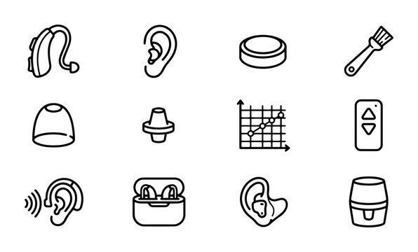 Hearing aid and ear care icons outline solid styles, UI and web interface.