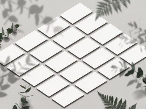Isometric business card mockup grid with tropical leaf shadows overlay on grey background
