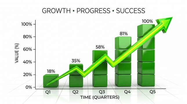 "Green bar graph with five rising bars labeled START to SUCCESS and an upward arrow on light gray background"