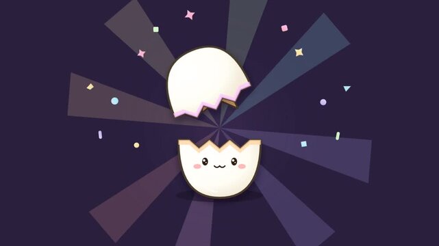 Cute kawaii egg hatching with star surprise and confetti against dark purple background