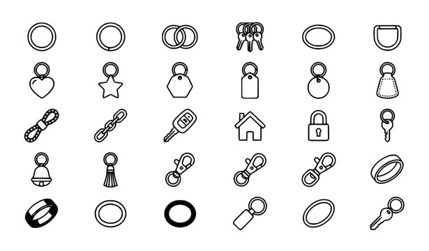 Premium keychain, key ring, accessories, hardware and locksmith line icons set