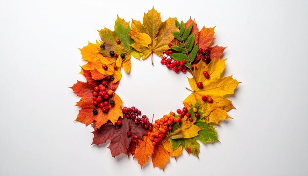 "Autumn wreath made of colorful fall leaves and berries arranged in a warm seasonal circle"