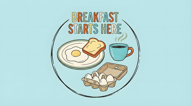 Breakfast starts here sign with egg toast coffee and eggs in carton.