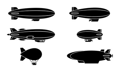 Airship and Blimp Vector Icons Collection, Vintage Zeppelins and Hot Air Balloons, Retro Aviation Silhouettes for Transportation and Travel Graphics © Imran
