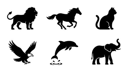 Obraz premium Diverse Animal Silhouettes Collection: Lion, Horse, Cat, Eagle, Dolphin, Elephant Icons for Wildlife and Nature Projects