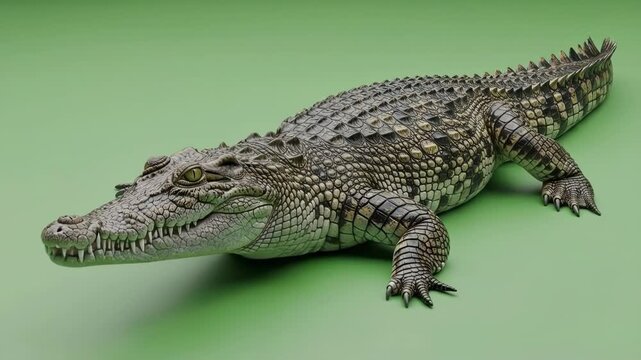 A detailed close up studio shot of a textured crocodile on green background