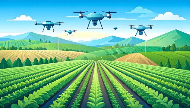 Smart Agricultural Drones Flying Over Green Crop Fields Spraying and Monitoring Plants Vector Illustration.