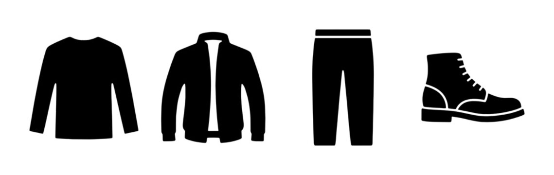 Black Silhouette Clothing Icons: Long Sleeve Shirt, Jacket, Pants, and Boot Set for Fashion and Style Graphics
