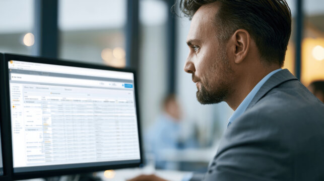 A man sits at a desk in a modern office. He looks focused while viewing data on a computer screen. Other people work in the background