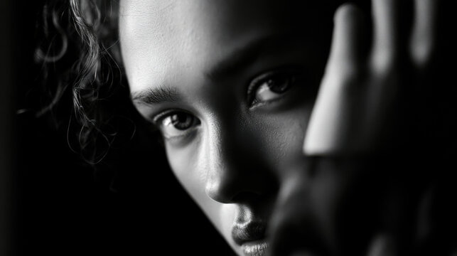 A person with curly hair touches their face and looks directly at the camera. The surroundings are dark, focusing attention on their expression