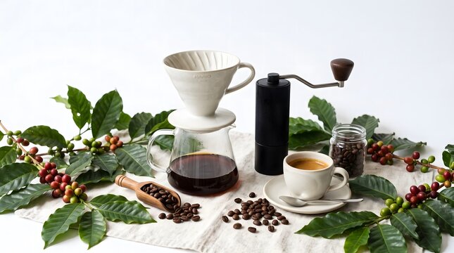 A ceramic V60 coffee dripper set on a glass server filled with freshly brewed coffee and surrounded by a manual hand grinder