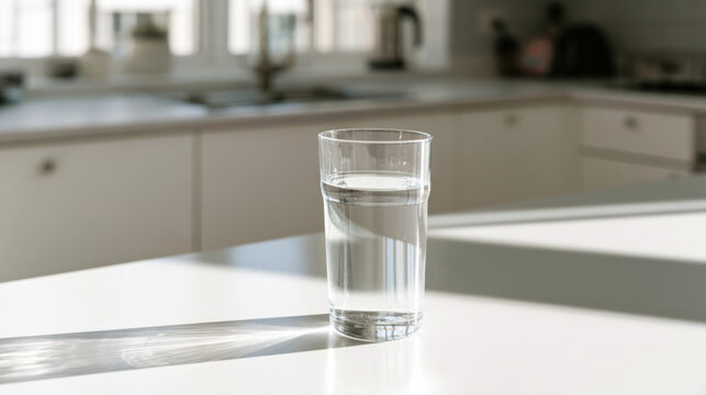 A glass filled with water sits on a white table in a kitchen. Sunlight comes through the windows and creates shadows. The kitchen has a simple layout with appliances in the background