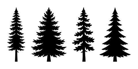 Fototapeta premium Coniferous Tree Silhouettes, Evergreen Forest Icons, Pine and Fir Vector Graphics, Nature Landscape Elements, Black and White Woodland Shapes