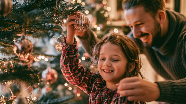 A child places an ornament on a Christmas tree while an adult helps her. The room has warm lights and festive decorations. They smile and enjoy the holiday moment