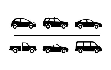 Fototapeta premium Set of 6 Black Car Icons, Vehicle Silhouettes Collection, Automotive Transport Symbols, Modern Auto Graphics