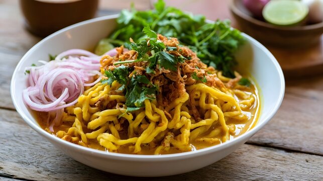 A bowl of Khao Soi noodles topped with crispy fried shallots and fresh cilantro on a rustic wooden table
