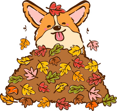 Happy Cozy Corgi Autumn Peekin from Autumn Leaves Cartoon Character Cute Kawaii Hand Drawn Fall Illustration