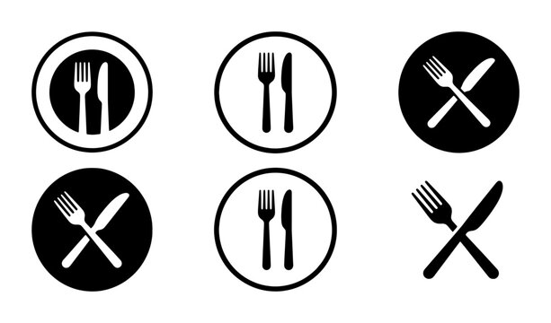 Restaurant Icons Set, Dining Symbols Collection, Fork and Knife Vector Graphics, Food Service Emblems, Culinary Signage Elements, Black and White, Clean Design