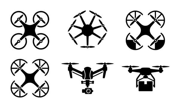 Drone Icons Set, Aerial Vehicle Silhouettes, Quadcopter and Multirotor Designs, Flying Machine Vector Graphics for Technology and Surveillance Concepts