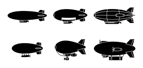 Airship Icons Set, Vintage Blimps Collection, Retro Zeppelins Graphics, Black Silhouette Aircraft Vector Illustrations for Aviation and Travel Concepts © Parbez