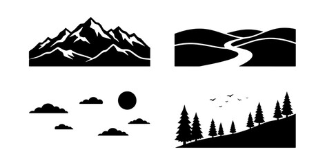 Fototapeta premium Minimalist Landscape Vector Icons Set: Mountains, River Valley, Clouds, Sun, Forest Silhouette, Birds. Black and White Graphic Elements for Nature Themes.