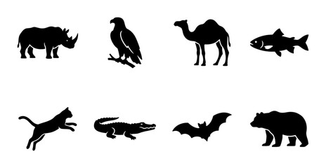 Obraz premium Diverse Wildlife Silhouettes Collection, 8 Animal Icons Vector Set, Nature and Zoo Creatures Graphic Resources