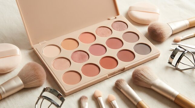 Eyeshadow makeup palette with brushes and eyelash curler for professional beauty routine. beginner makeup palettes