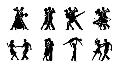 Fototapeta premium Elegant Ballroom Dance Silhouettes Set, Romantic Couple Poses Vector Icons, Classic Waltz and Tango Figures Collection for Event Design