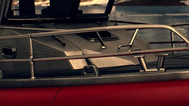 A close view of a boat deck featuring a metal railing and flat surface. The water is visible in the background under a clear sky. The scene captures the boat ready for use.