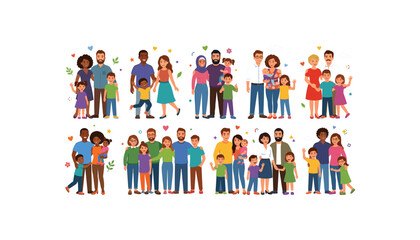 Fototapeta premium Diverse Multicultural Families and Parents with Children Standing Together in Happy Group Portraits, Community and Family Unity Cartoon Vector Illustration