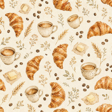 seamless pattern with coffee and croissant