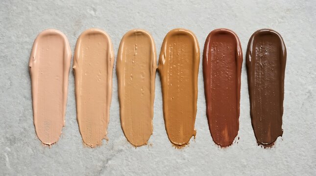 Six colorful liquid foundation makeup smears in different skin tones on a textured grey background. cosmetic shade examples