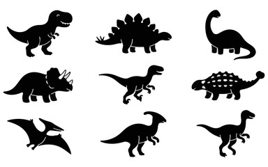 Set of black dinosaur silhouettes isolated on a white background for educational projects and children design © Rujina