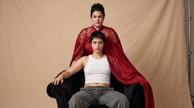 Young Woman in White Ribbed Tank Seated on Velvet Chair With Mature Curvy Woman in Crimson Silk Cape Standing Behind &mdash; Generational Alliance Fashion Editorial